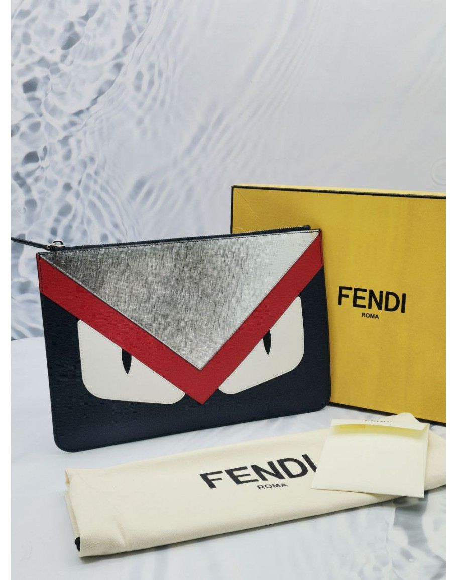 FENDI MONSTER EYES BUGS ZIPPED CLUTCH IN SILVER RED BLUE COLOR FULL SET